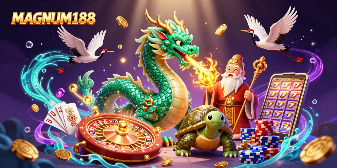 Win big with MAGNUM188, featuring a jade dragon and lucky symbols in a vibrant casino scene.
