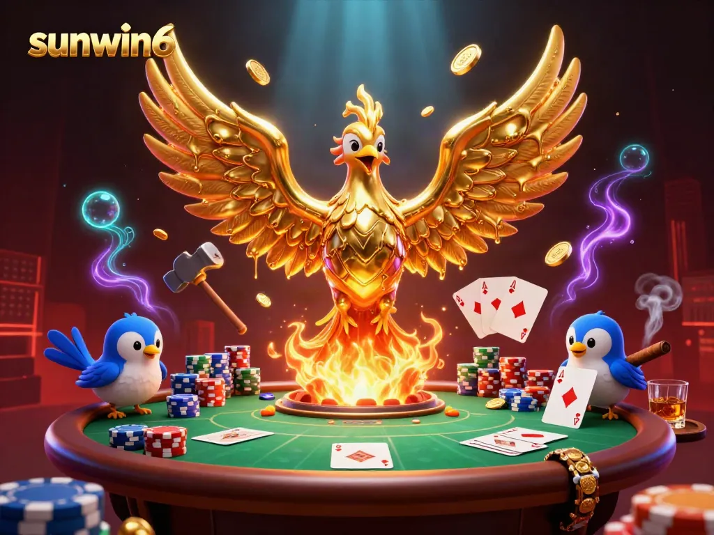 Engage in thrilling poker with sunwin6 as molten golden phoenix symbolizes fortune and victory.