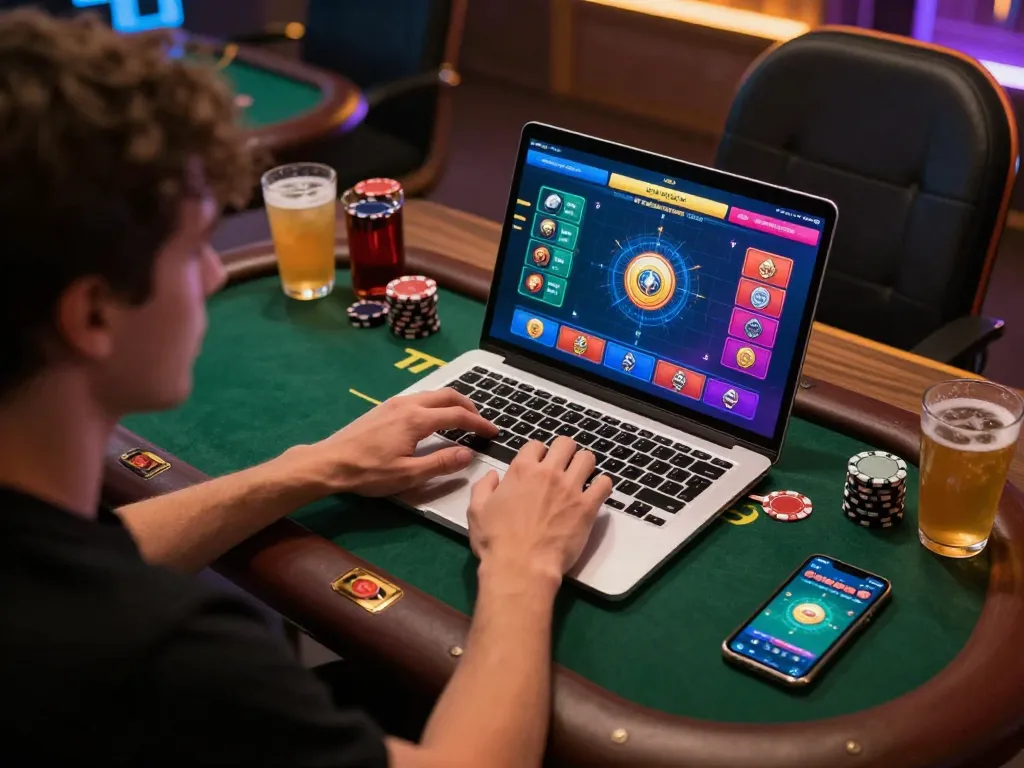 Player engaged in qh88go online poker game on a laptop in a cozy home setup.
