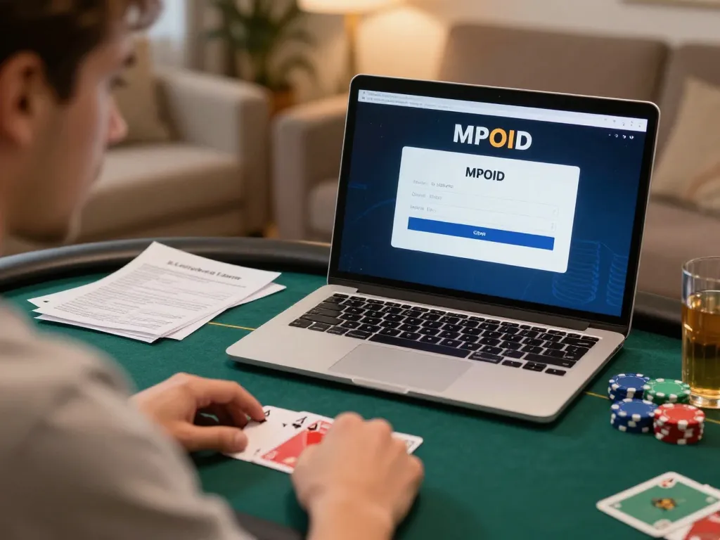 MPOID login interface displayed on a laptop during an exciting home poker game.