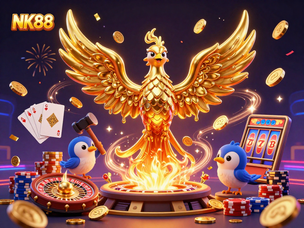 Experience thrilling wins at NK88 with a dazzling golden phoenix and vibrant casino elements.