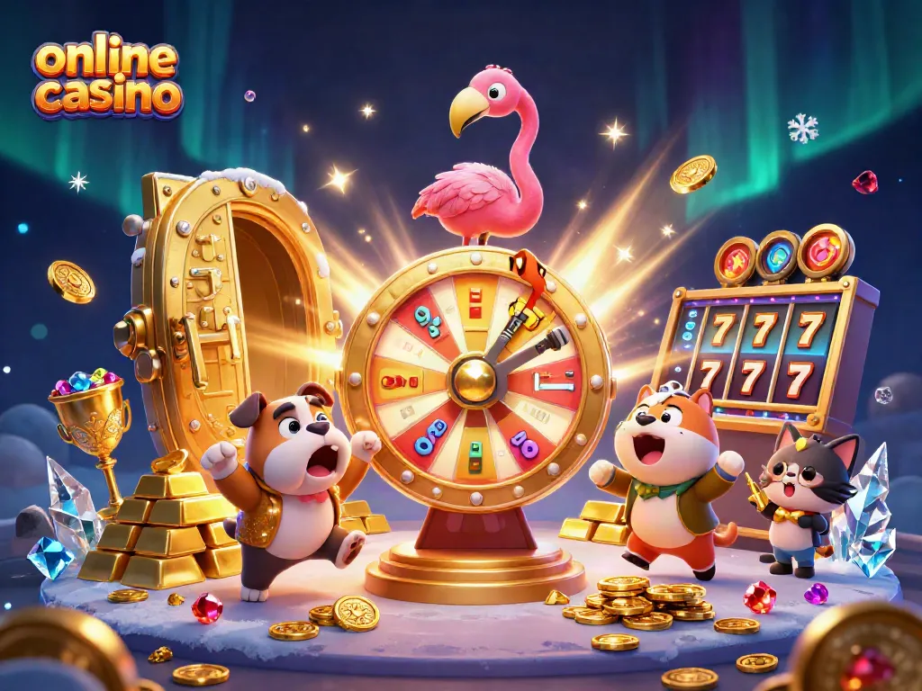 Gira la rueda de premios en un emocionante casino en línea con un bulldog y un gato en un ambiente vibrante.