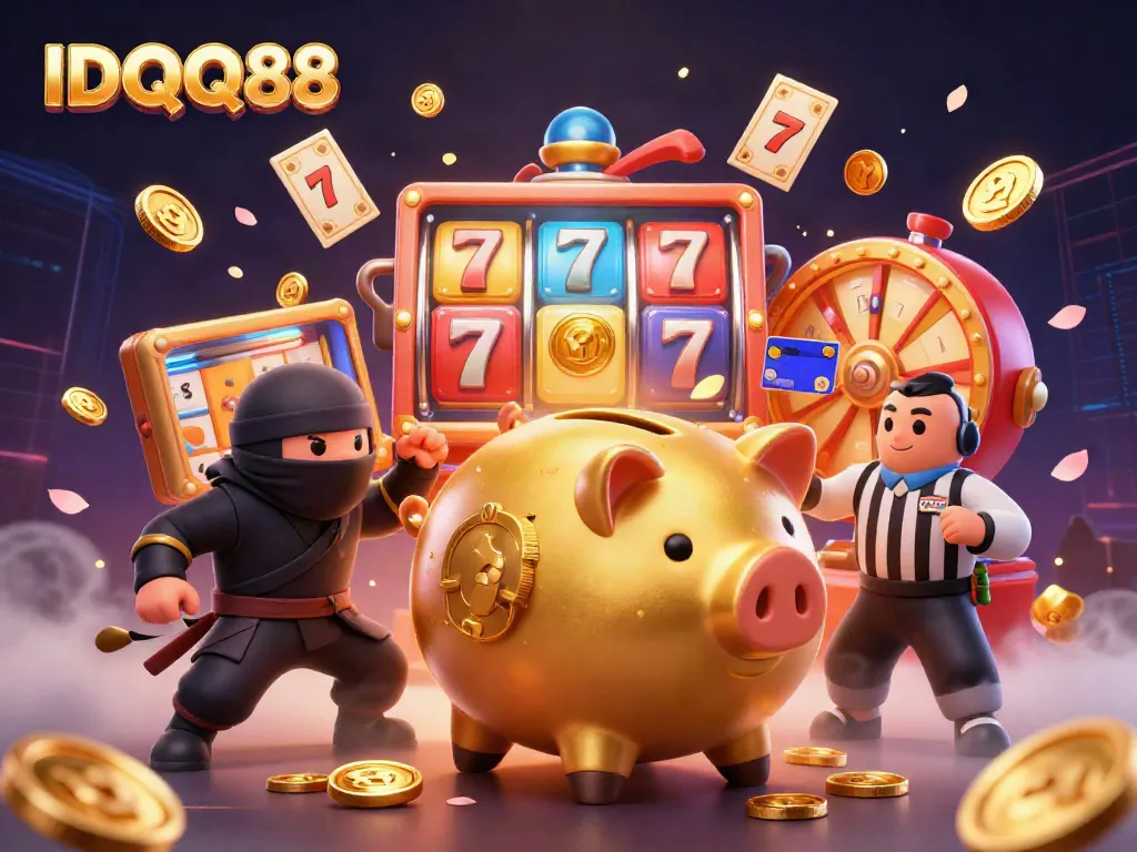 Experience the excitement of IDQQ88 as game elements and characters create a vibrant gambling atmosphere.