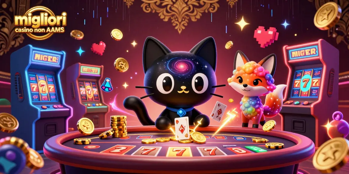 Gioca con i migliori casino non AAMS: un gatto che attrae fiches d'oro e carte in un'illustrazione vivace.