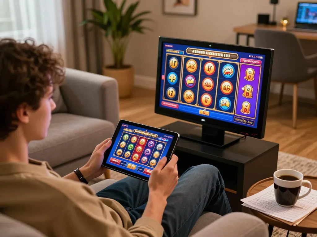 Engaging moment playing 8kbet online casino games on a tablet at home
