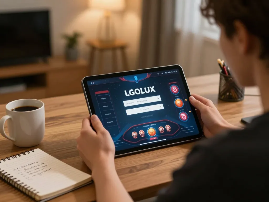Engage with LGOLUX LOGIN on a tablet during an immersive online gaming session from a relaxed home setting.