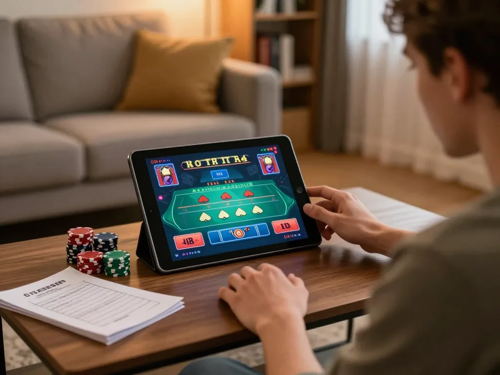 Xoso66 player betting in a cozy setup with live dealer game on tablet, showcasing strategic engagement.