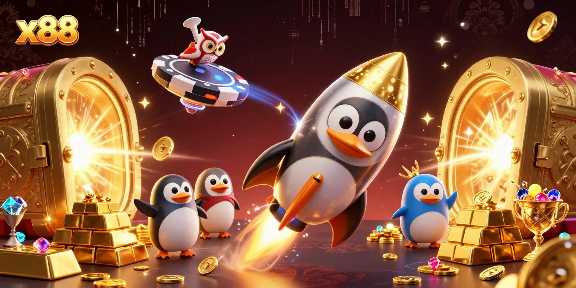 x88 delivers thrilling casino action with a golden penguin astronaut and a giant poker chip station