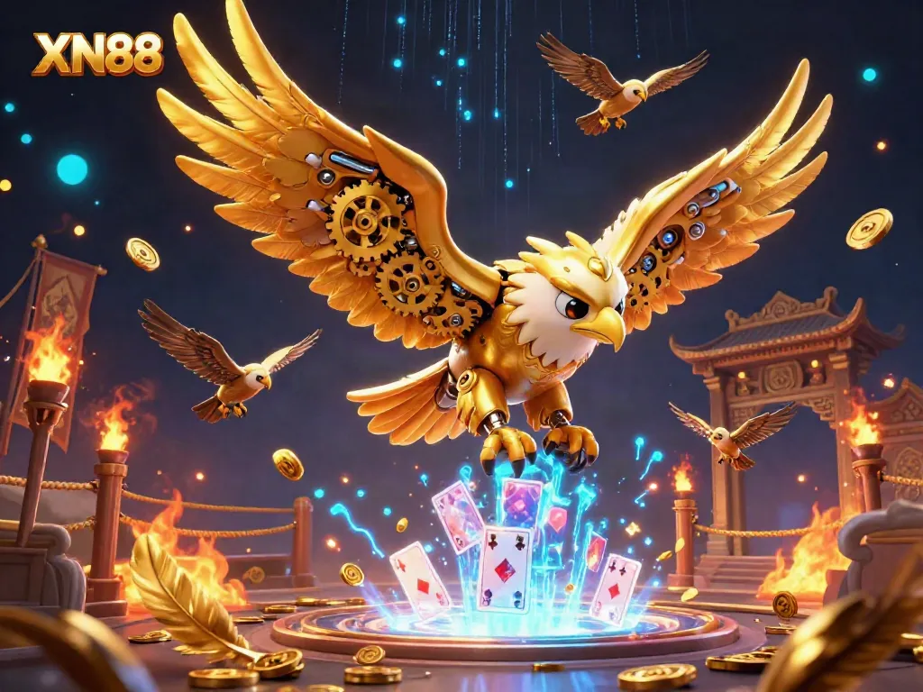 Experience the thrill of XN88 with a cybernetic eagle soaring through vibrant holographic cards in a dynamic casino setting.