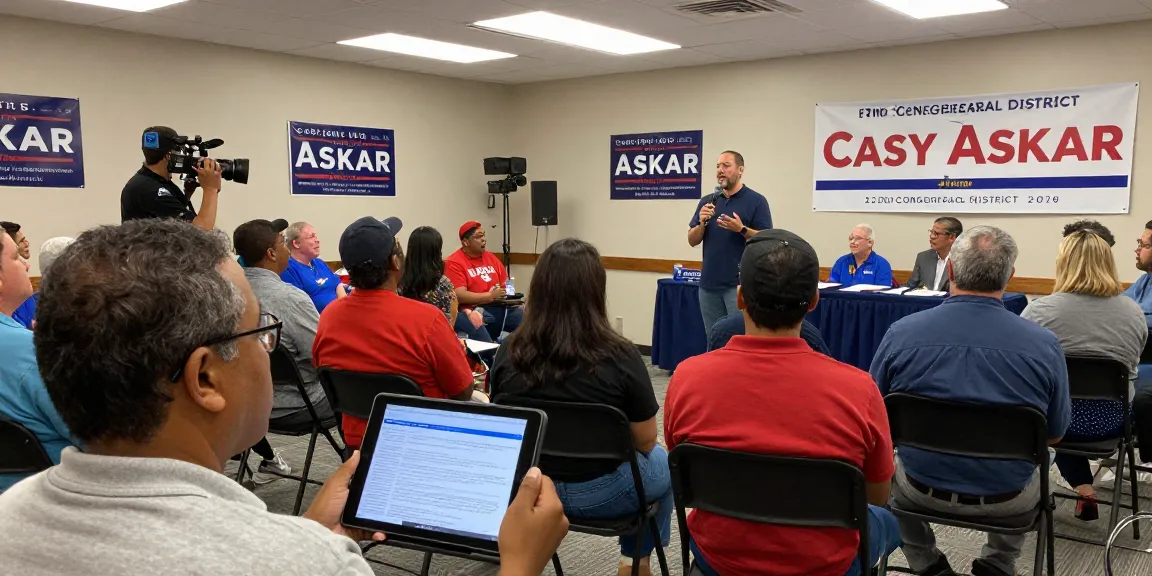 Casey Askar speaking at a Florida community forum, addressing concerns over his past.