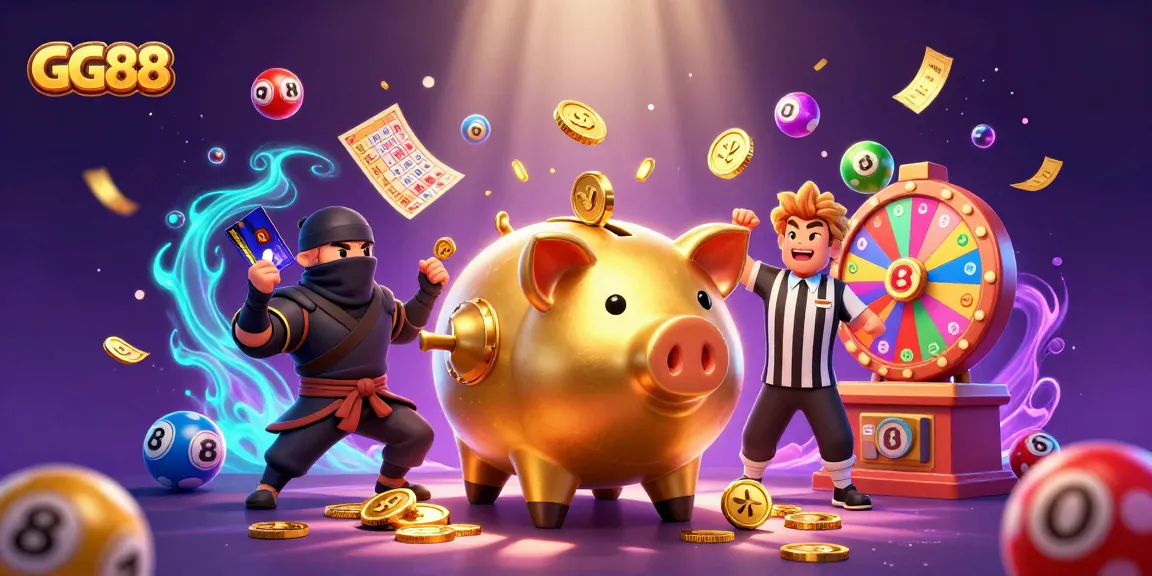 Experience the thrills of GG88 with dynamic visuals of a sumo wrestler piggy bank amidst a casino spectacle.