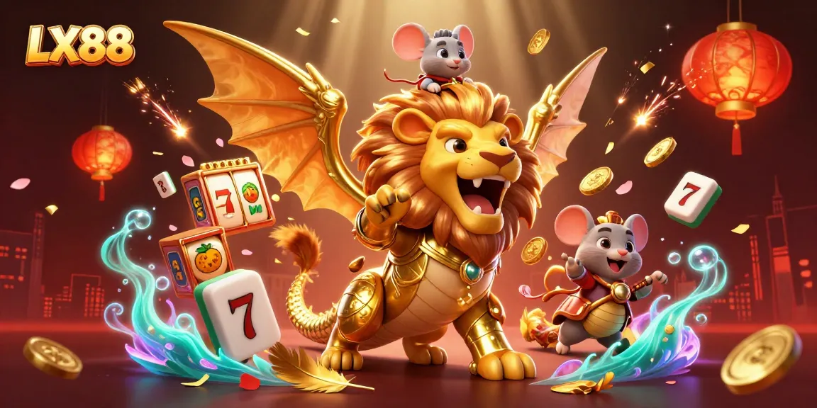 Engage with LX88's thrilling casino experience featuring a majestic chimera surrounded by slot symbols.