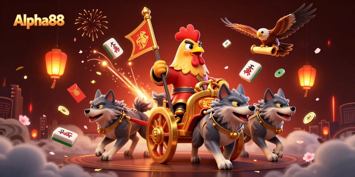 Alpha88 showcases a vibrant casino scene with a rooster warlord and dynamic gambling elements.