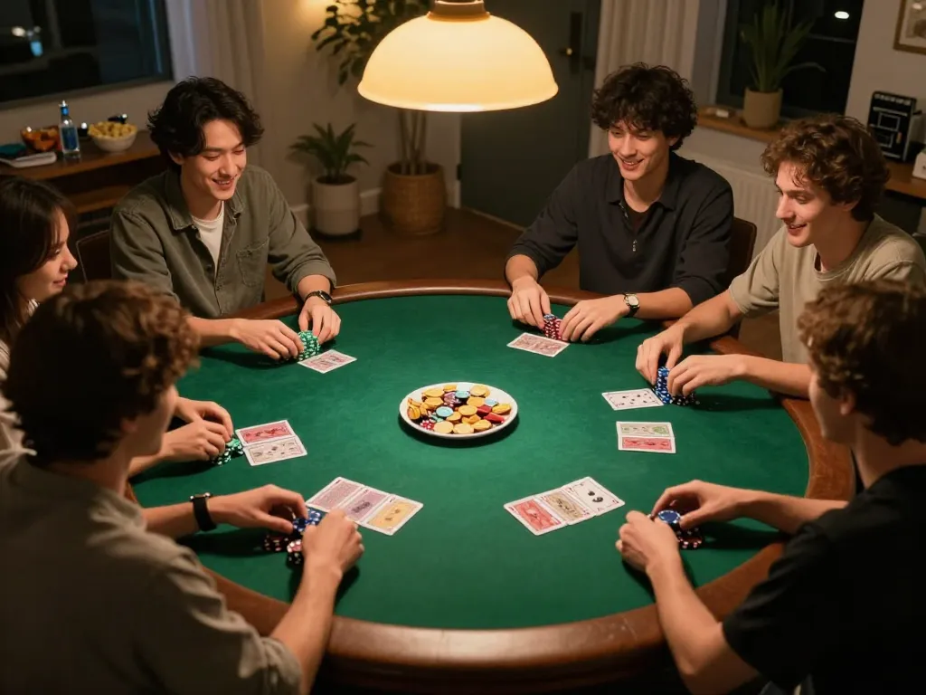 Players enjoying a friendly poker night, showcasing sites toto strategies in a cozy home environment.