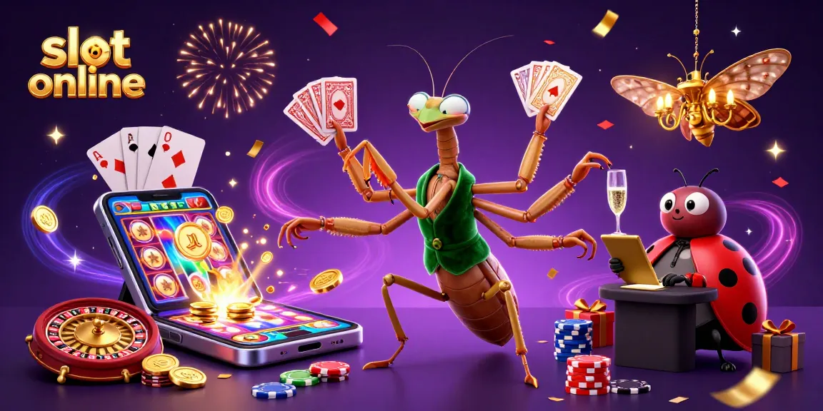 Engage with slot online action as giant mantis deals cards with festive confetti.