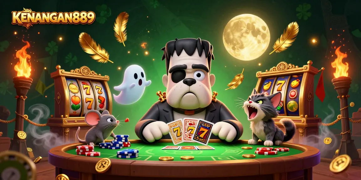 Engage in thrilling gameplay at KENANGAN889 with an action-packed scene featuring a 3D cartoon Frankenstein bulldog and dynamic casino elements.