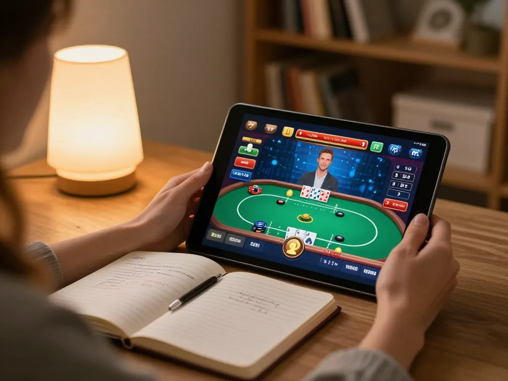 Person playing XX88 poker on a tablet in a cozy home, highlighting online gambling strategy