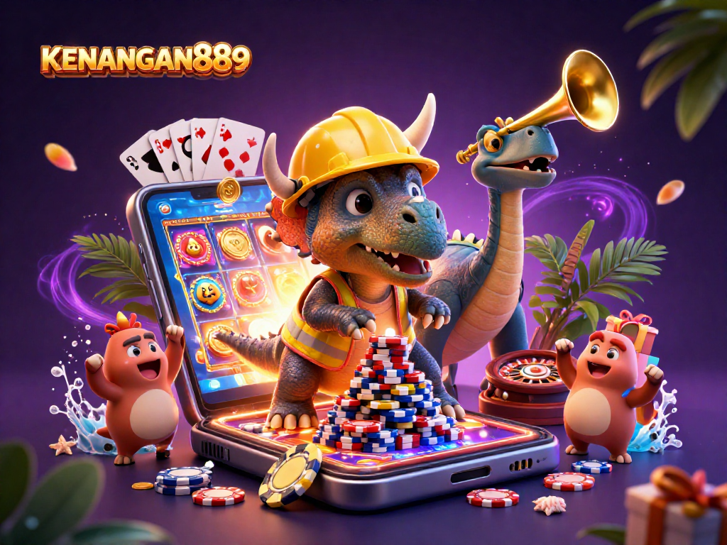 Experience the thrill of gaming with KENANGAN889 as dinosaurs build poker chip pyramids and celebrate!