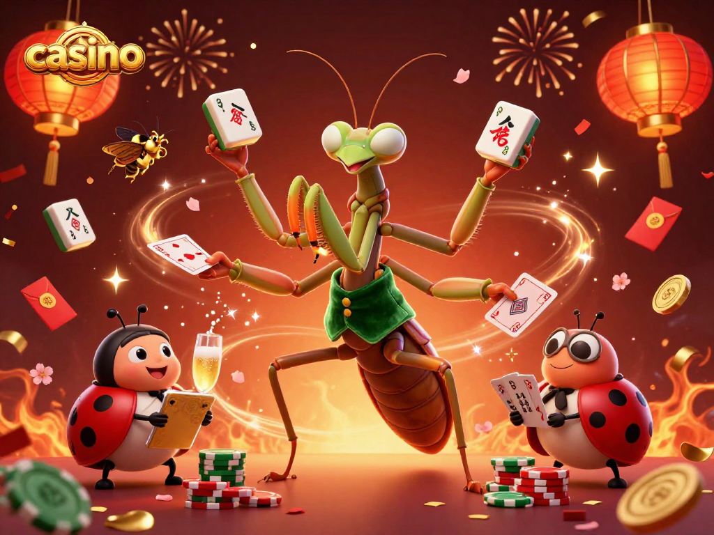 Engaging casino scene with a mantis dealer, ladybug pit boss, and festive elements.