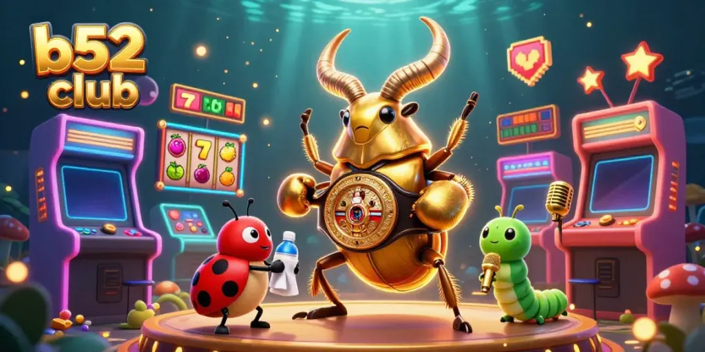 B52 club-themed illustration depicting a golden stag beetle, ladybug corner-man, caterpillar announcer, surrounded by casino-themed elements.