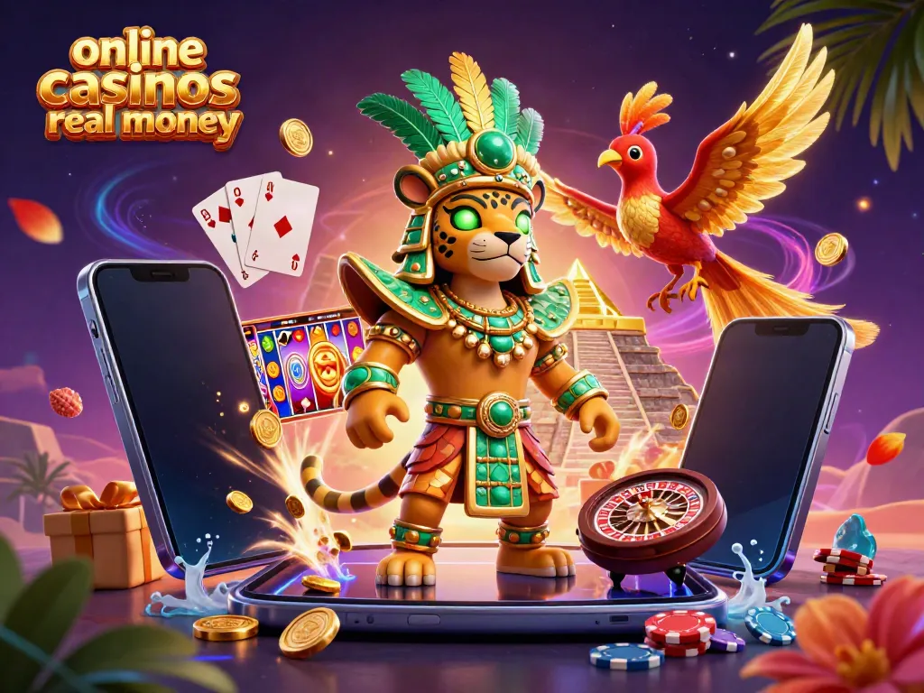 Experience online casinos real money with a vibrant Mayan-themed slot game scene featuring characters and casino elements.