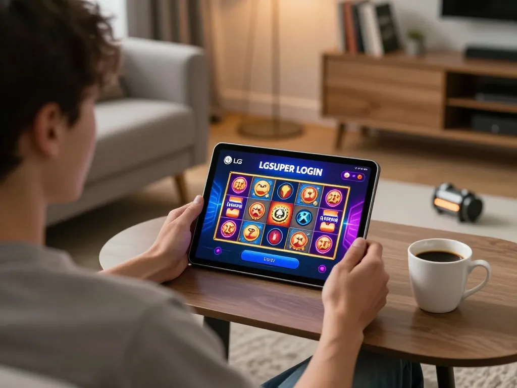 Engaging in LGOSUPER LOGIN while enjoying a cozy home gaming session with tablet interface revealed