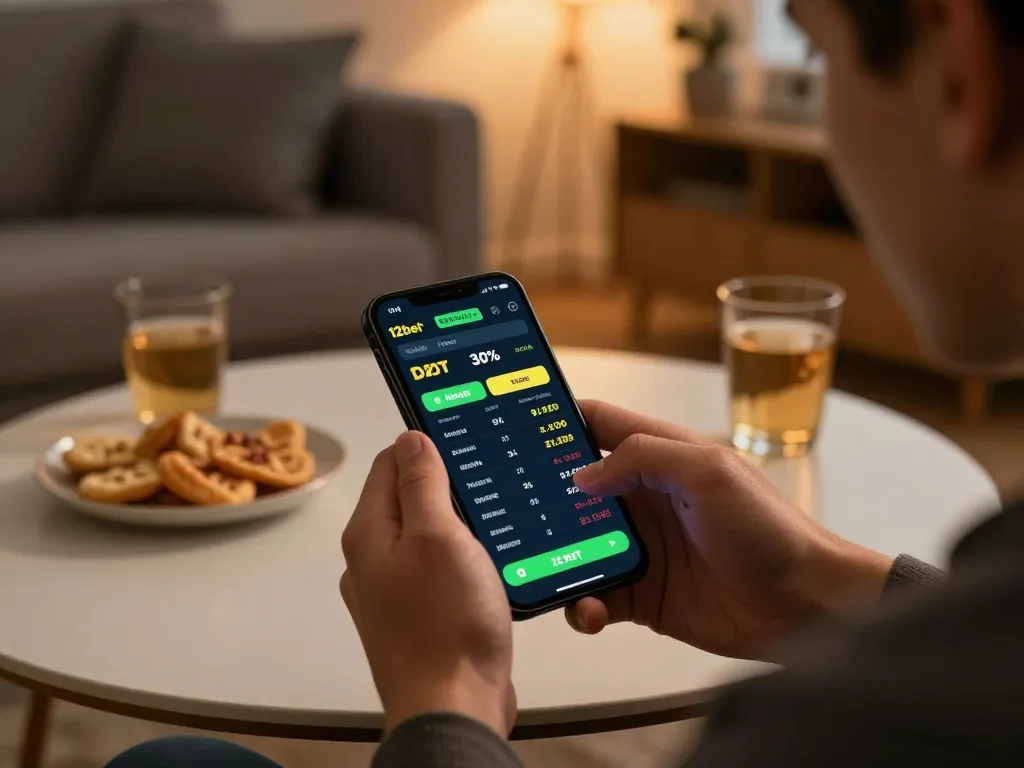 Trải nghiệm cược trực tiếp trên ứng dụng 12bet trong một không gian ấm cúng tại nhà vào đêm thi đấu.