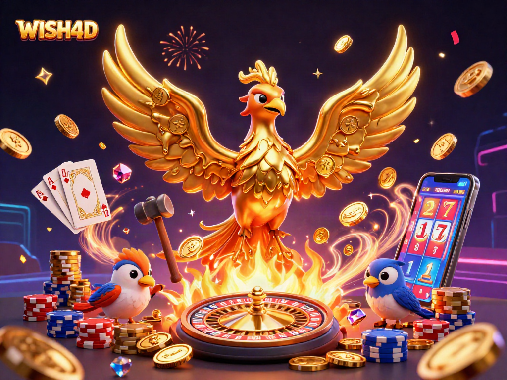 Experience the thrill of WISH4D with a golden phoenix amidst cascading casino elements.
