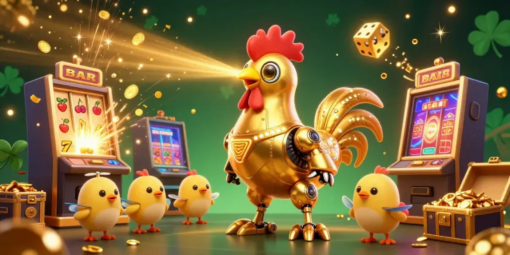 Engage in vibrant casino action with GEM88, where golden rooster robots and baby chick drones celebrate massive slot jackpots.