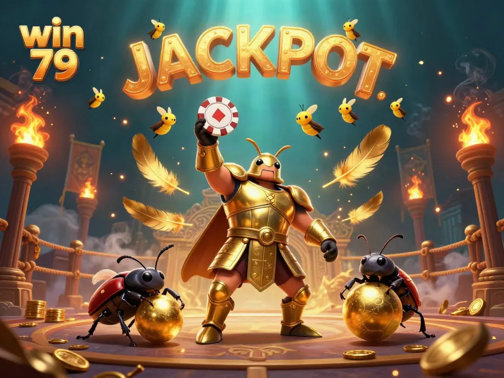 Achieve success with win 79 as cartoon beetles celebrate a big jackpot victory in a vibrant 3D casino.