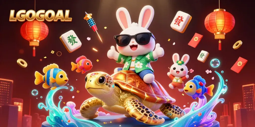 Experience the vibrant world of LGOGOAL with an adorable lucky rabbit and a golden turtle in a lively casino scene.