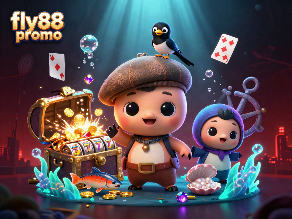 Engage with the fly88 promo featuring a playful cartoon Nessie amidst colorful slot machines and treasure.