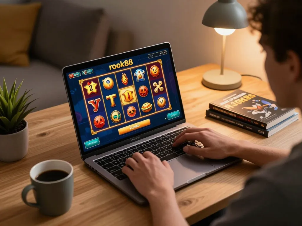 Engaging with rokok88 slot login on a laptop during an exciting online gaming session.