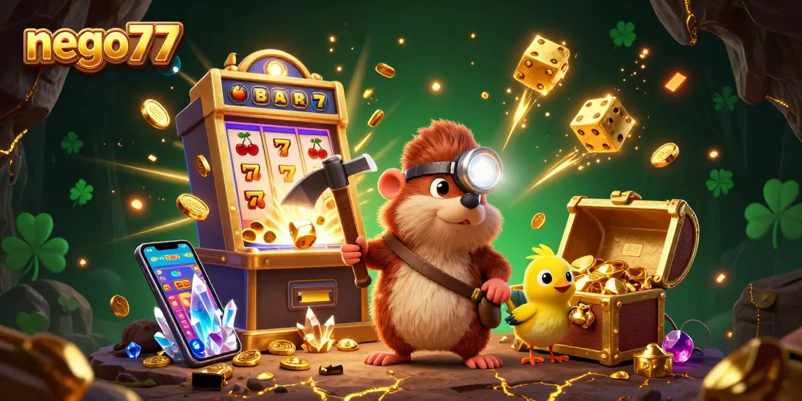 Nego77 showcases a vibrant 3D illustration of a treasure hunter mole and canary amidst a jackpot explosion, enhancing the gaming experience.
