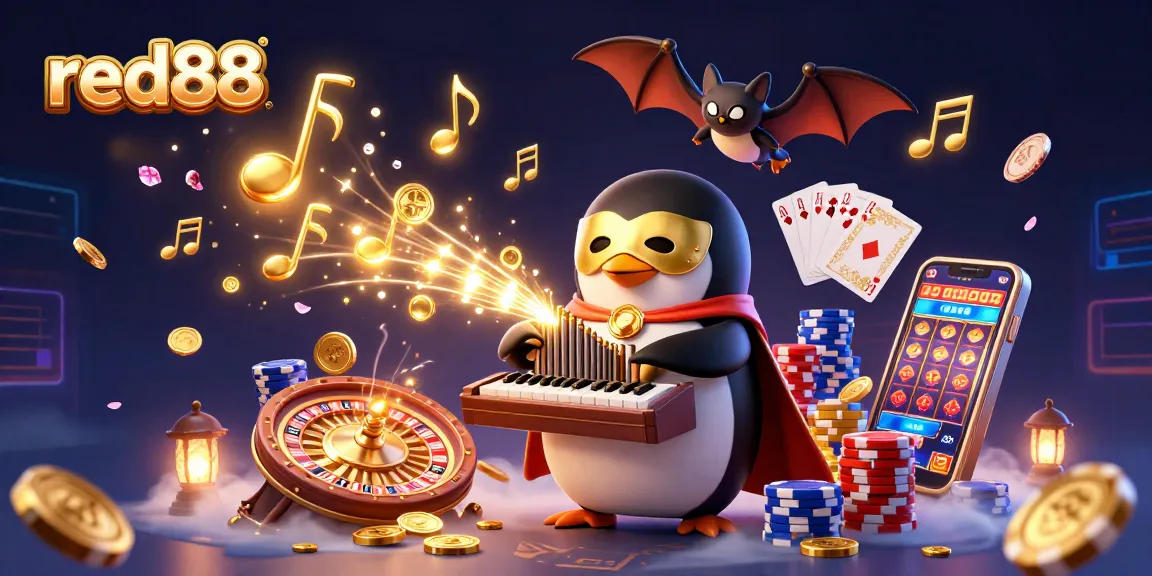 Experience the thrill of red88 with a phantom opera penguin playing an organ that shoots gold coins, surrounded by casino glamour.