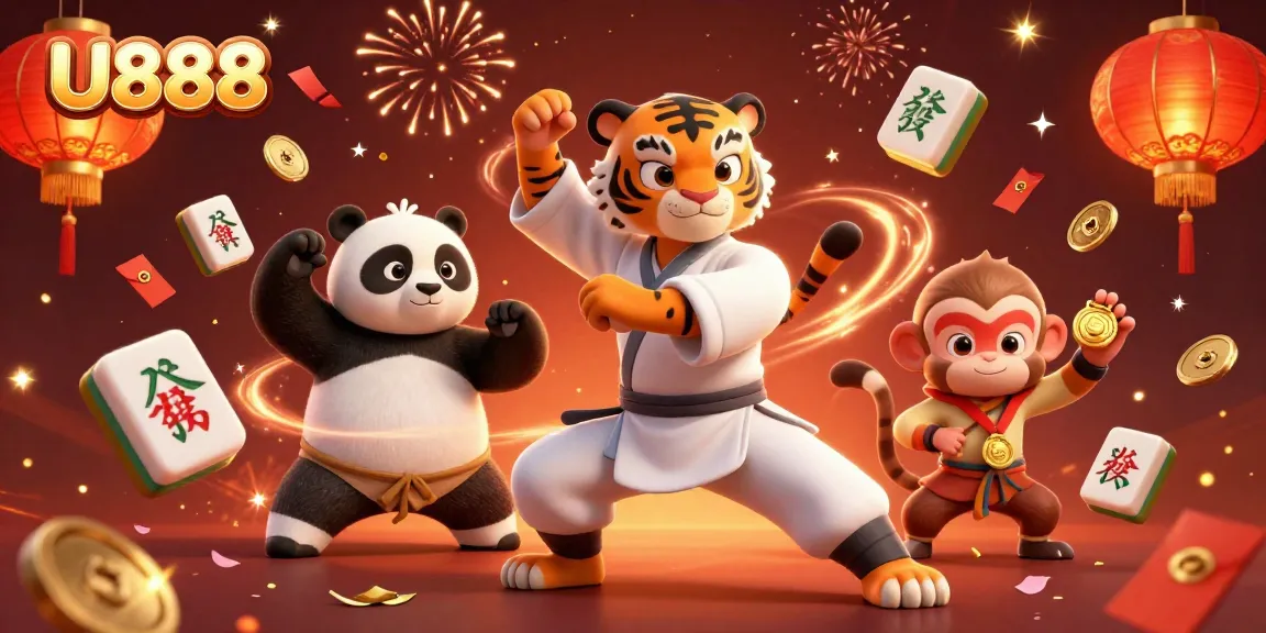 Engage in thrilling gameplay at U888, featuring a vivid 3D scene with a kung fu tiger and panda amidst festive casino elements.