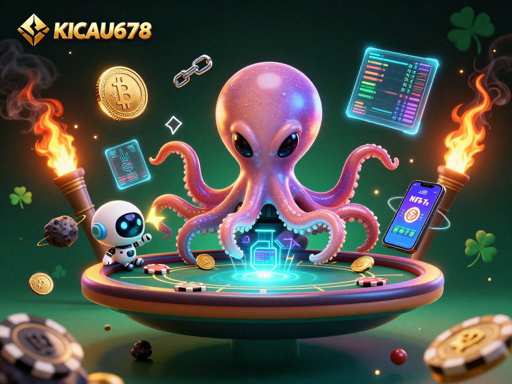 KICAU678 reveals a thrilling poker game scene with a 3D alien octopus and vibrant crypto elements.