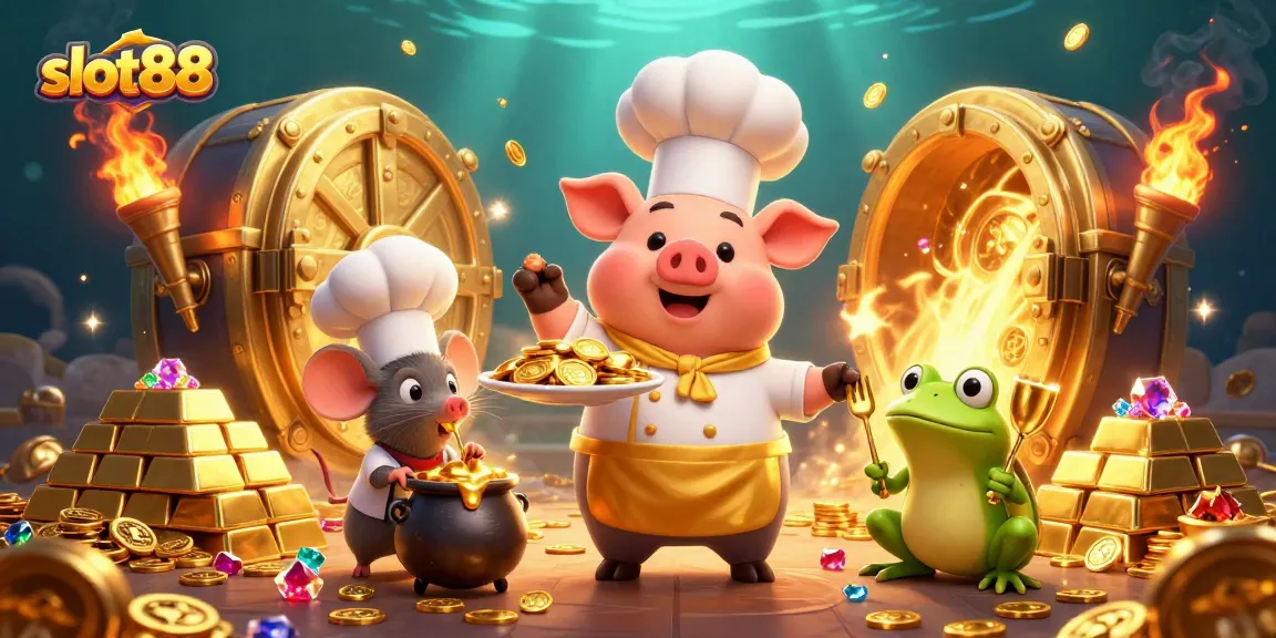 Experience thrilling wins at slot88 with vibrant characters and dazzling treasures in this digital illustration.