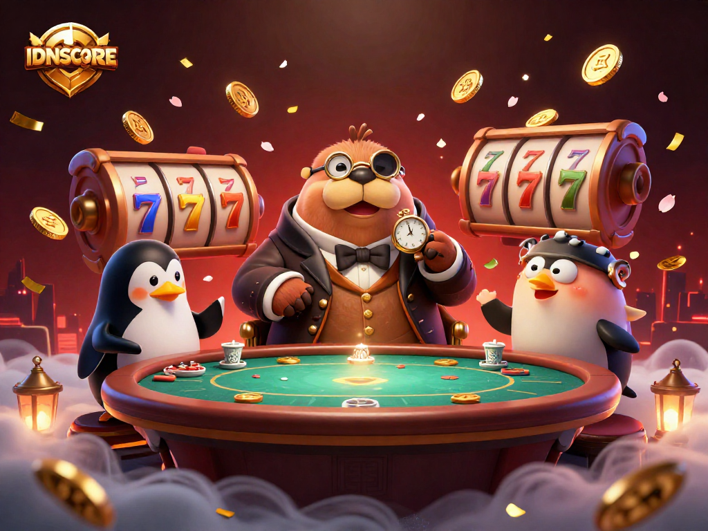 Experience IDNSCORE's vibrant slots scene with playful characters at a poker table.