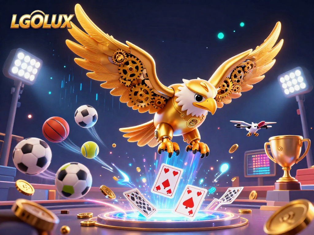 Experience thrilling action with LGOLUX as a cybernetic eagle dives through holographic cards in a dynamic casino scene.