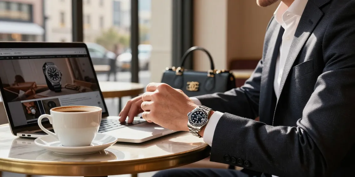 Stylish individual wearing rolex super clone watches at an upscale café, showcasing luxury lifestyle.