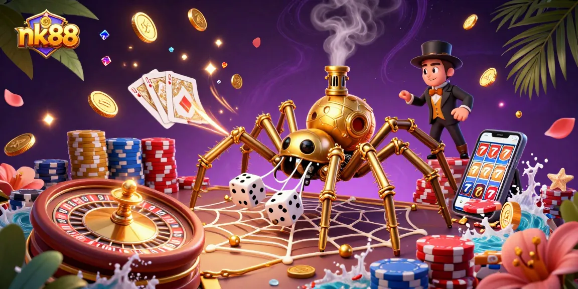 Experience the thrill of nk88 with a captivating 3D scene of a golden spider and fly gentleman amidst casino riches.