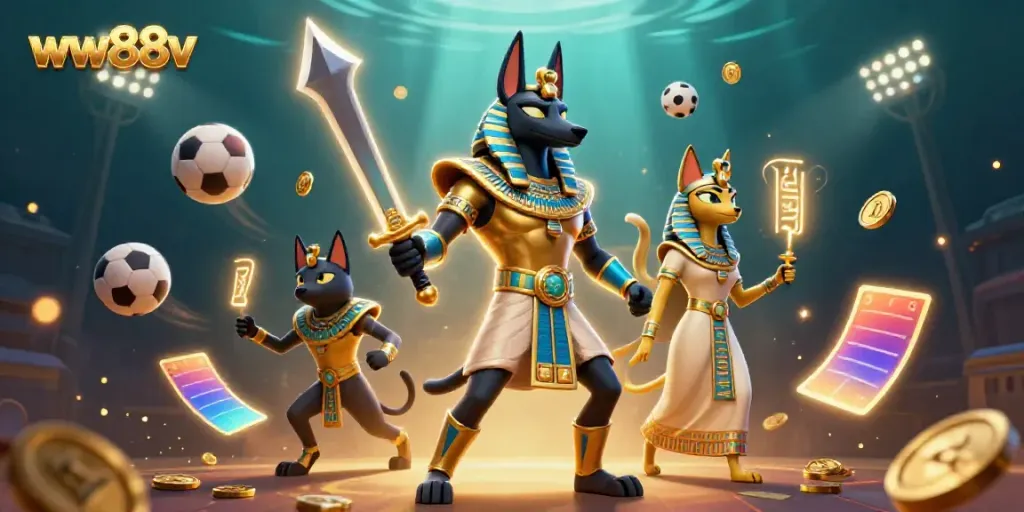 Engage in thrilling gaming action at ww88v with a dynamic 3D illustration of ancient Egyptian warriors and casino elements.