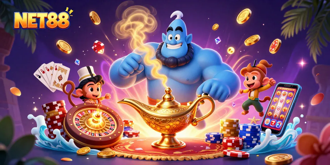 NET88 engages players with a lively casino scene featuring mystical characters and exciting game elements.