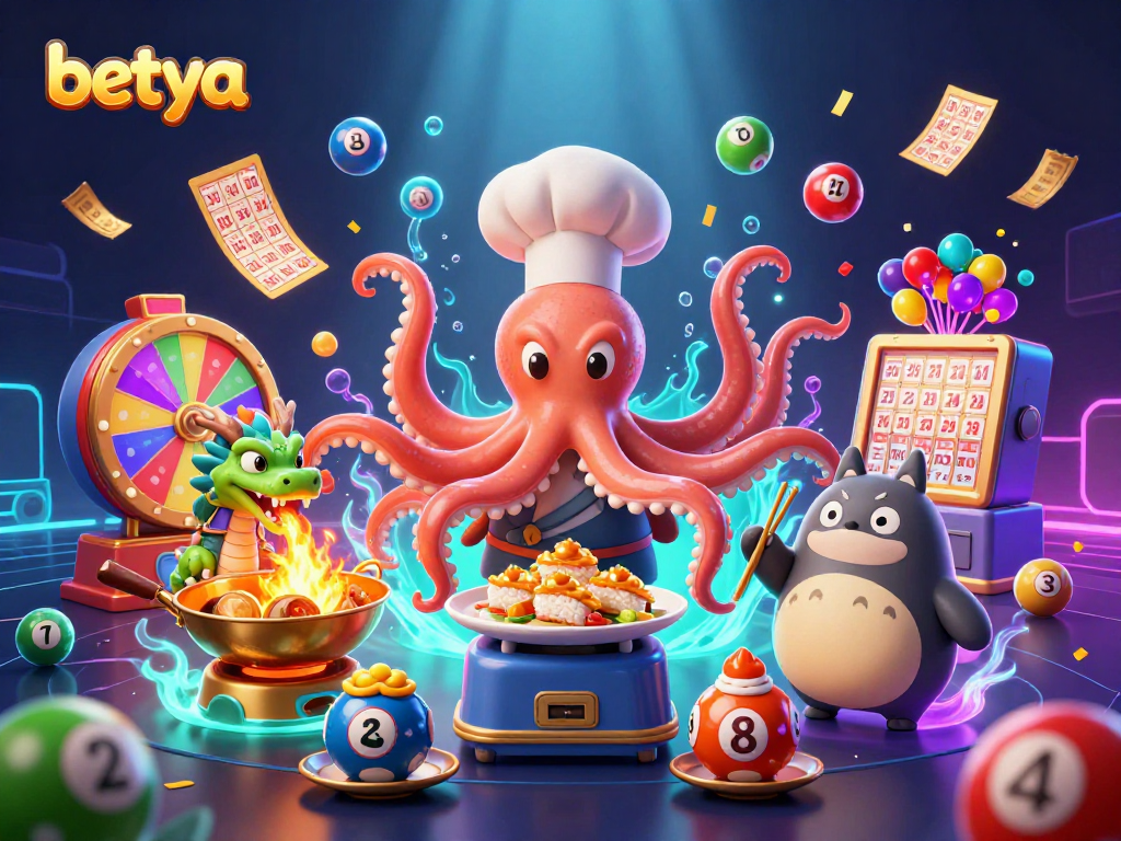 Engage in thrilling games at betya with a vibrant 3D casino scene of colorful characters.
