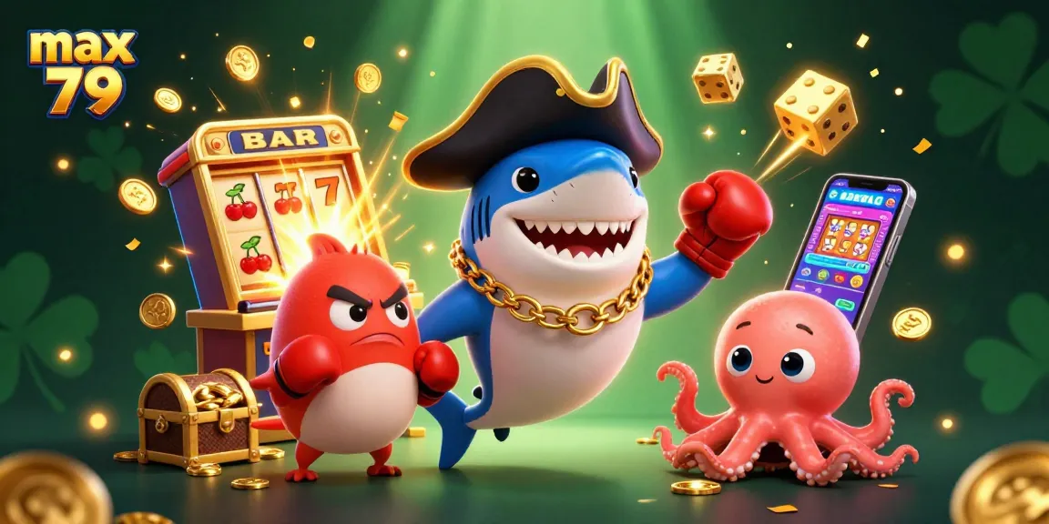 Experience thrilling wins with max 79 as animated characters surround a vibrant jackpot scene.