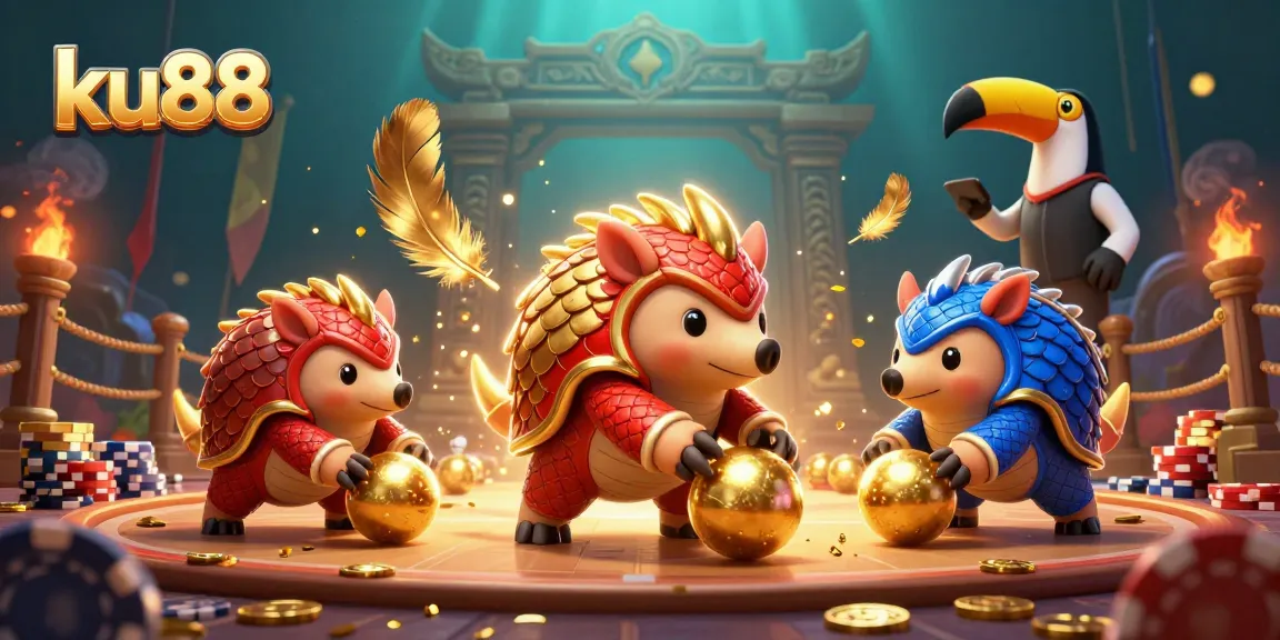 ku88 pangolins compete in a vibrant casino showdown filled with golden tokens and dynamic elements.