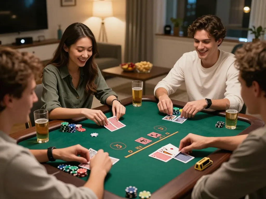 KADAL 778 players enjoying an exciting home blackjack game night with snacks and drinks.