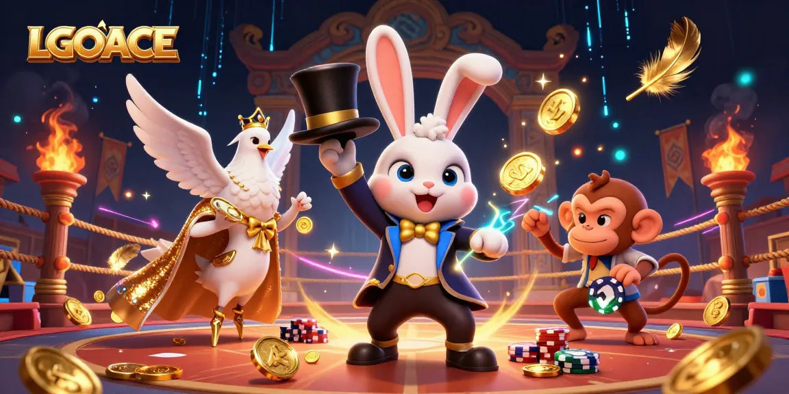 LGOACE showcases an exciting scene with a magician rabbit and assistant dove generating casino excitement with coins and poker chips.