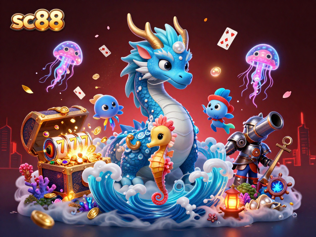 Sc88 features a vibrant casino scene with a magical dragon, seahorse knight, and slot reels.